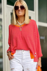 Tomato Red Two Tone Striped Side Buttons Drop Shoulder Top Long Sleeve Tops JT's Designer Fashion