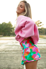 Green Abstract Print Smock Waist Casual Shorts Bottoms JT's Designer Fashion