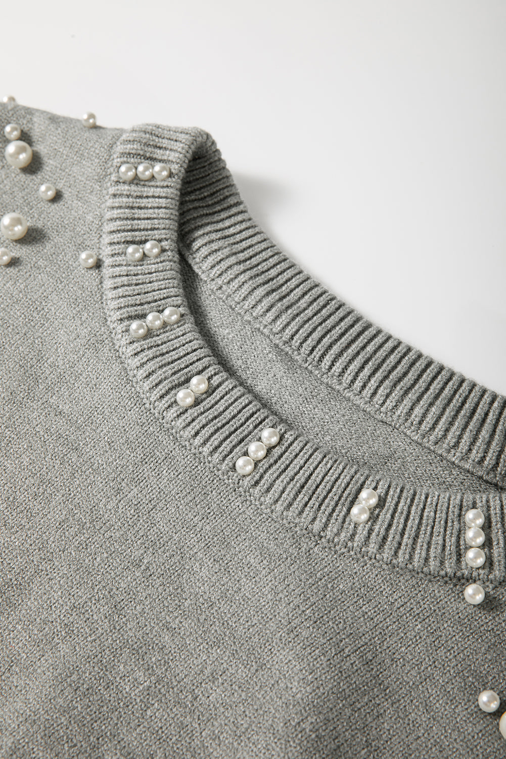 Light Grey Pearled Drop Shoulder Round Neck Sweater Sweaters JT's Designer Fashion