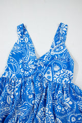 Blue Paisley V Neck Crisscross Backless Long Dress Maxi Dresses JT's Designer Fashion
