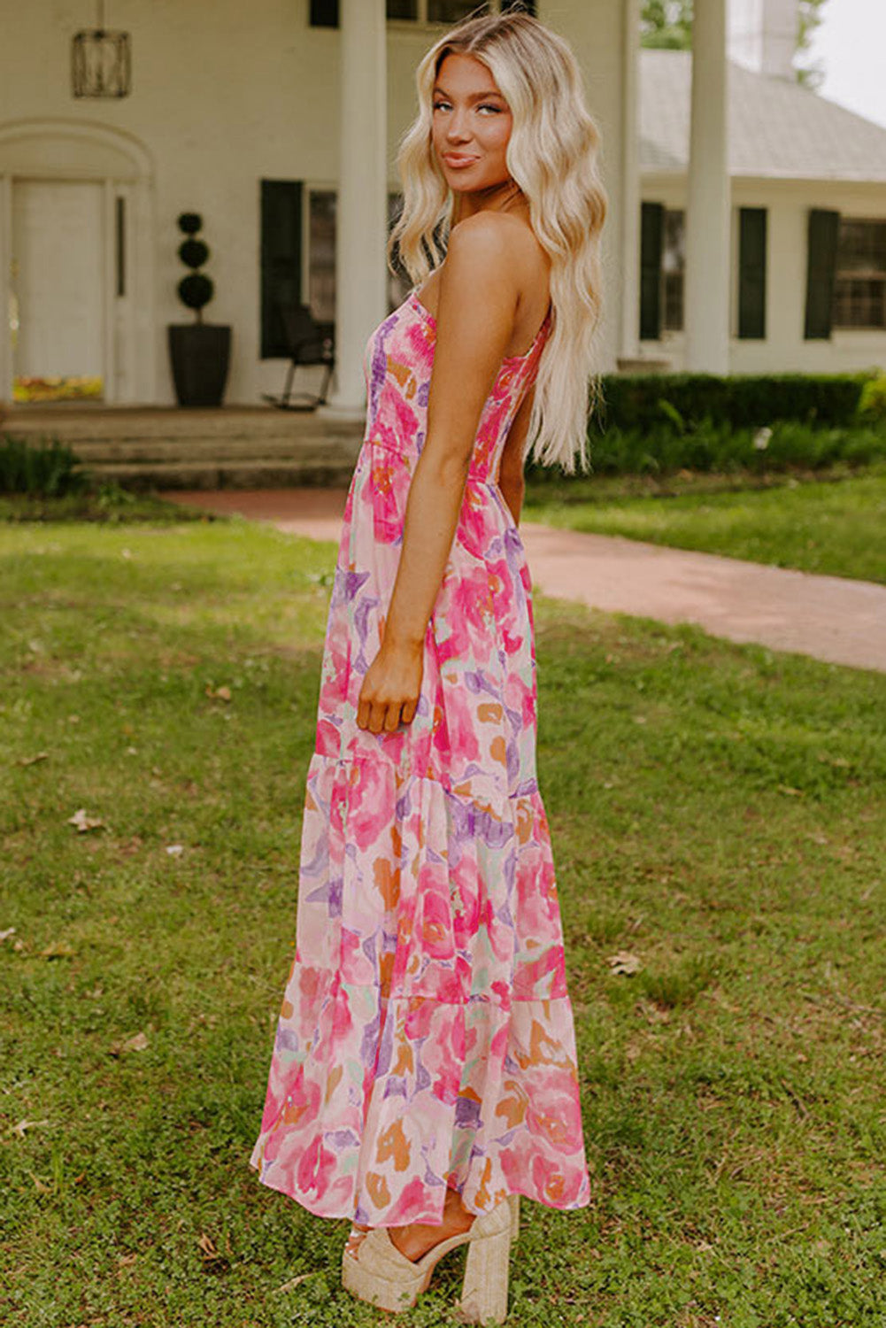 Pink Abstract Floral Print Shirred One Shoulder Maxi Dress Floral Dresses JT's Designer Fashion