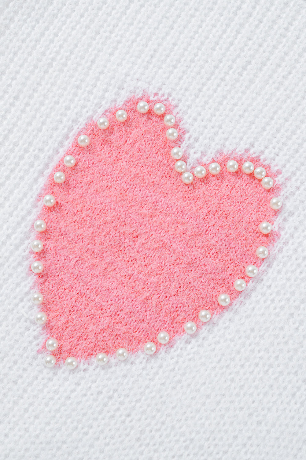 White Pearl Beaded Heart Pattern Fuzzy V Neck Sweater Sweaters JT's Designer Fashion