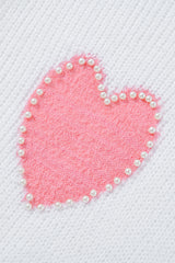 White Pearl Beaded Heart Pattern Fuzzy V Neck Sweater Sweaters JT's Designer Fashion