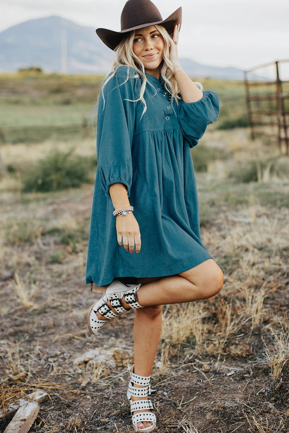 Blue Corduroy Snap Buttons Empire Waist Bracelet Sleeve Dress Mini Dresses JT's Designer Fashion