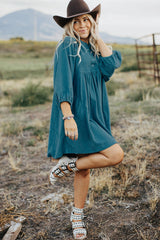 Blue Corduroy Snap Buttons Empire Waist Bracelet Sleeve Dress Mini Dresses JT's Designer Fashion