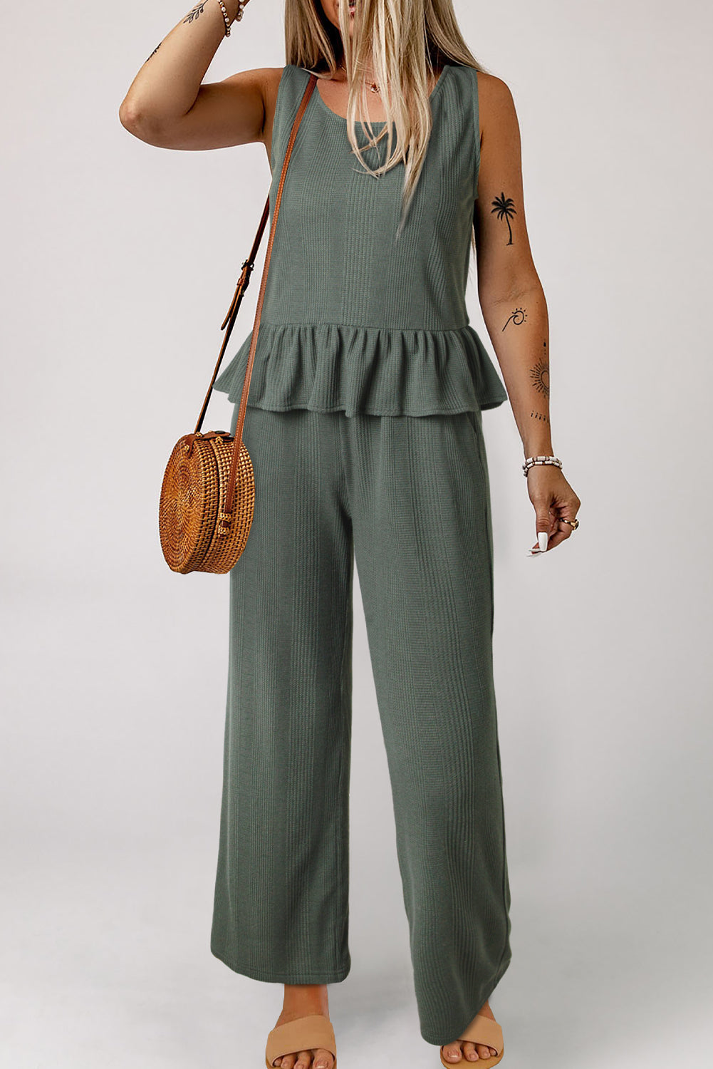 Duffel Green Solid Color Ribbed Ruffle Tank Top and Pants Set Pant Sets JT's Designer Fashion