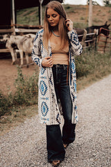 Sky Blue Western Aztec Printed Open Front Long Cardigan Cardigans JT's Designer Fashion
