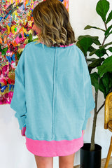 Light Blue Colorblock Patchwork Crew Neck Loose Sweatshirt Sweatshirts & Hoodies JT's Designer Fashion