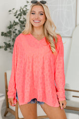 Apricot Pink Oversized Floral Jacquard V Neck Long Sleeve Top Long Sleeve Tops JT's Designer Fashion