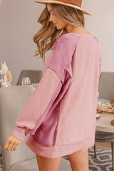 Apricot Pink Color Block Waffle High Low Raglan Sleeve Sweatshirt Sweatshirts & Hoodies JT's Designer Fashion