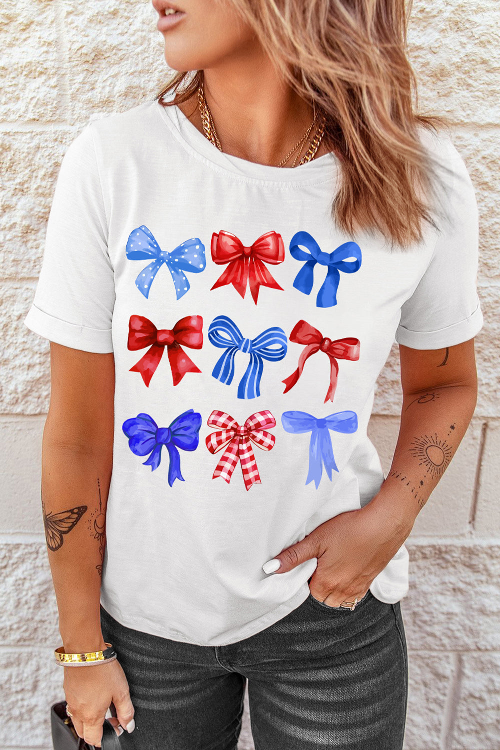 White USA Inspire Bow Print Crewneck Independence Day Tee Graphic Tees JT's Designer Fashion