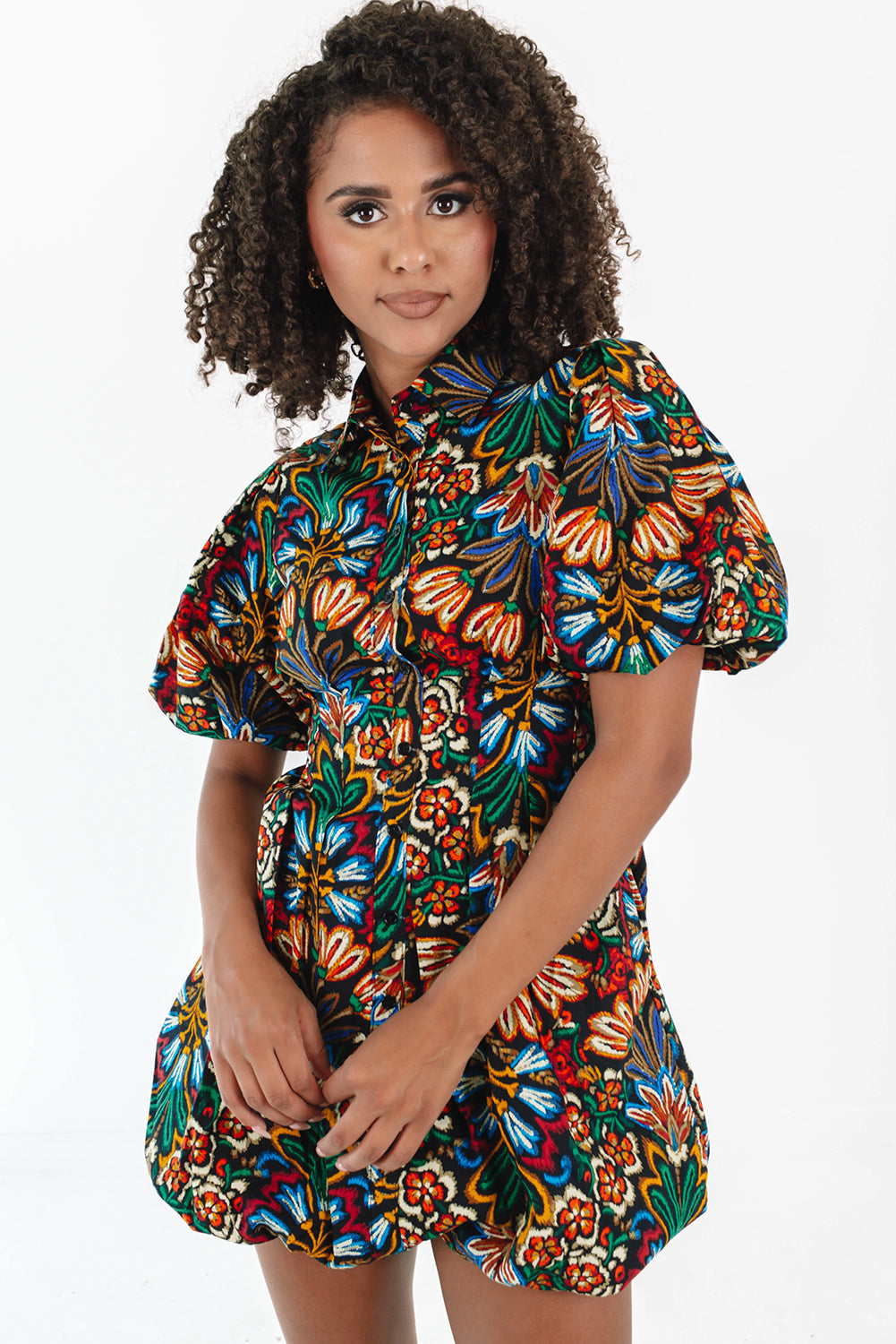 Multicolour Floral Puff Short Sleeve Shirt Mini Dress Mini Dresses JT's Designer Fashion