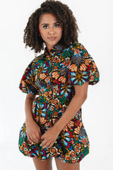 Multicolour Floral Puff Short Sleeve Shirt Mini Dress Mini Dresses JT's Designer Fashion