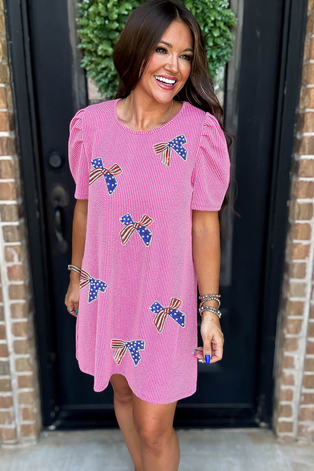 Bright Pink Flag Pattern Inspired Sequin Bow Spiral Ribbed Puff Sleeve T Shirt Dress Graphic Dresses JT's Designer Fashion