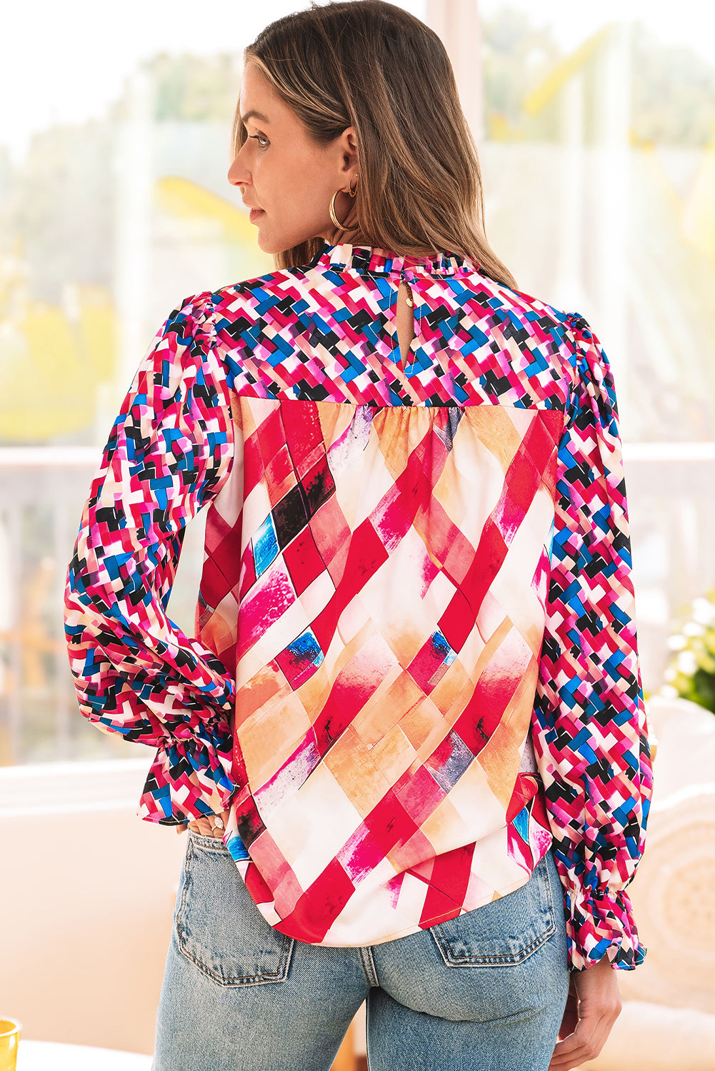 Rose Red Abstract Geometric Pattern Patchwork Puff Sleeve Blouse Blouses & Shirts JT's Designer Fashion