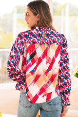 Rose Red Abstract Geometric Pattern Patchwork Puff Sleeve Blouse Blouses & Shirts JT's Designer Fashion