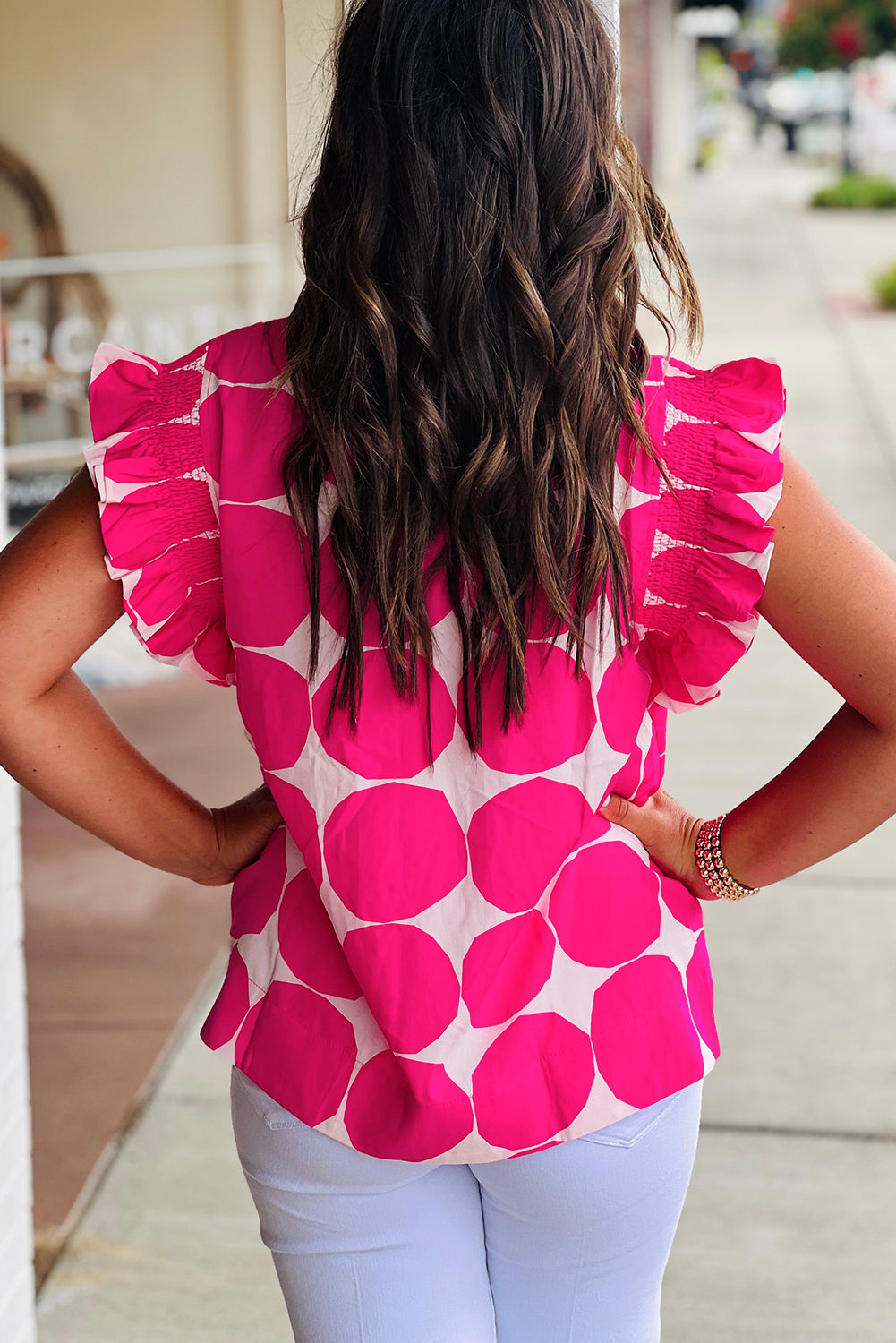 Rose Bubblegum Pattern Frilled Collar Flutter Sleeve Top Blouses & Shirts JT's Designer Fashion