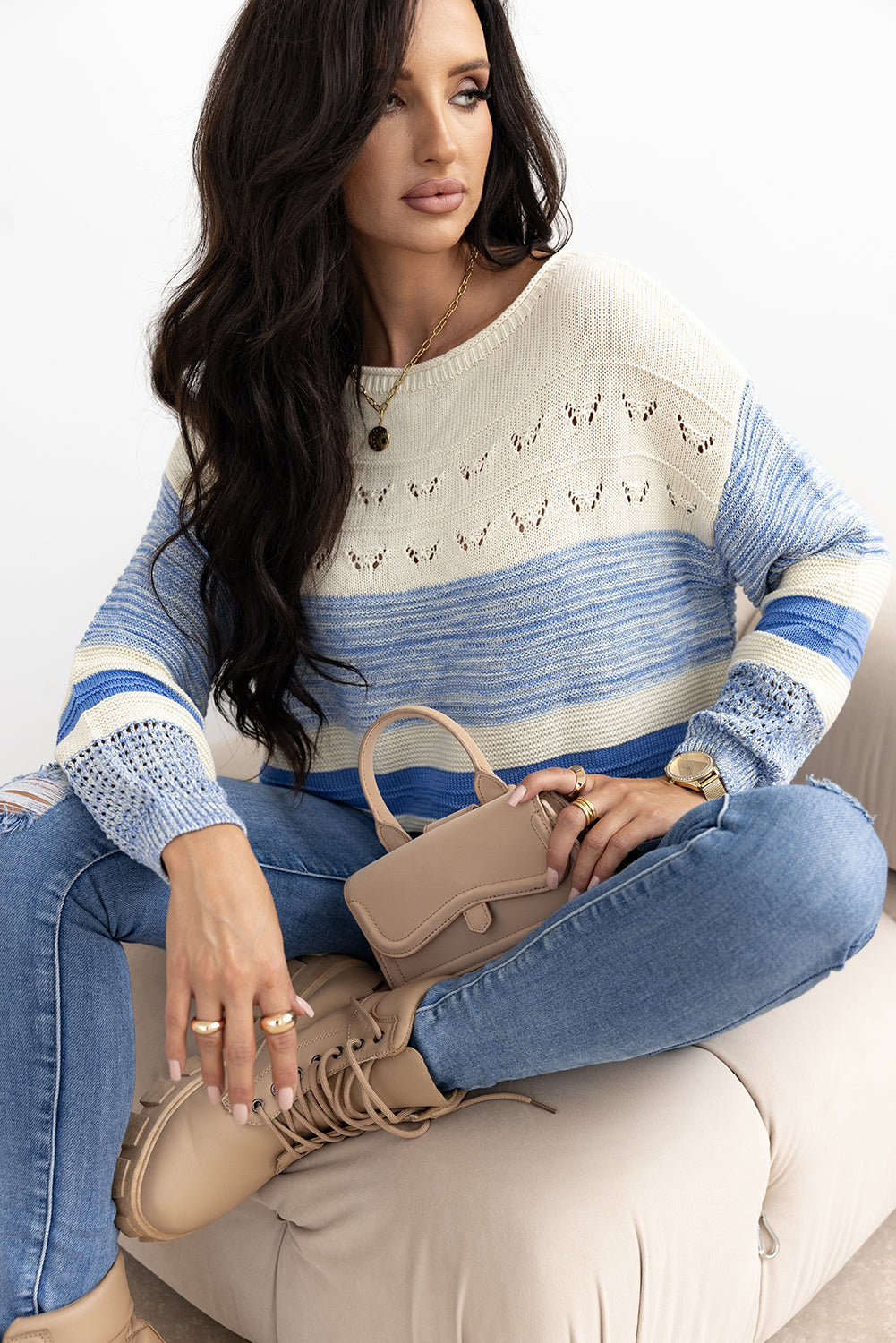 Light Blue Open Stitch Puff Sleeve Sweater Sweaters JT's Designer Fashion