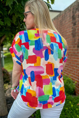 Colorful Brush Stroke Printed Plus Size Button Split Neck Blouse Plus Size Blouses & Shirts JT's Designer Fashion