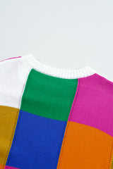 Orange Checkered Color Block Round Neck Loose Sweater Sweaters JT's Designer Fashion