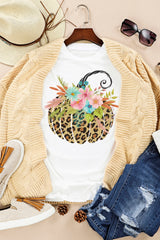 White Floral Leopard Pumpkin Graphic Halloween T Shirt Graphic Tees JT's Designer Fashion