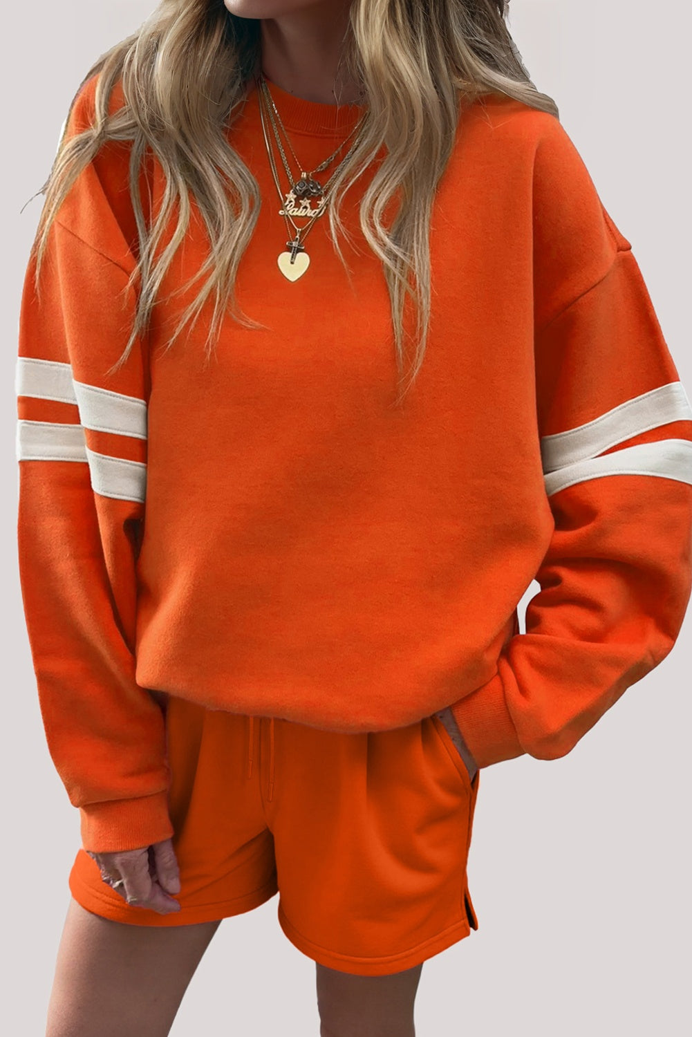 Orange Varsity Striped Sleeve Drop Shoulder Sweatshirt and Short Set Orange 65%Polyester+35%Cotton Short Sets JT's Designer Fashion