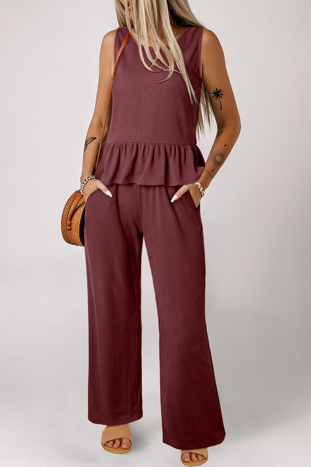 Red Dahlia Solid Color Ribbed Ruffle Tank Top and Pants Set Pant Sets JT's Designer Fashion