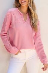 Peach Blossom Flower Detail Knitted Notched Neck Sweater Sweaters JT's Designer Fashion