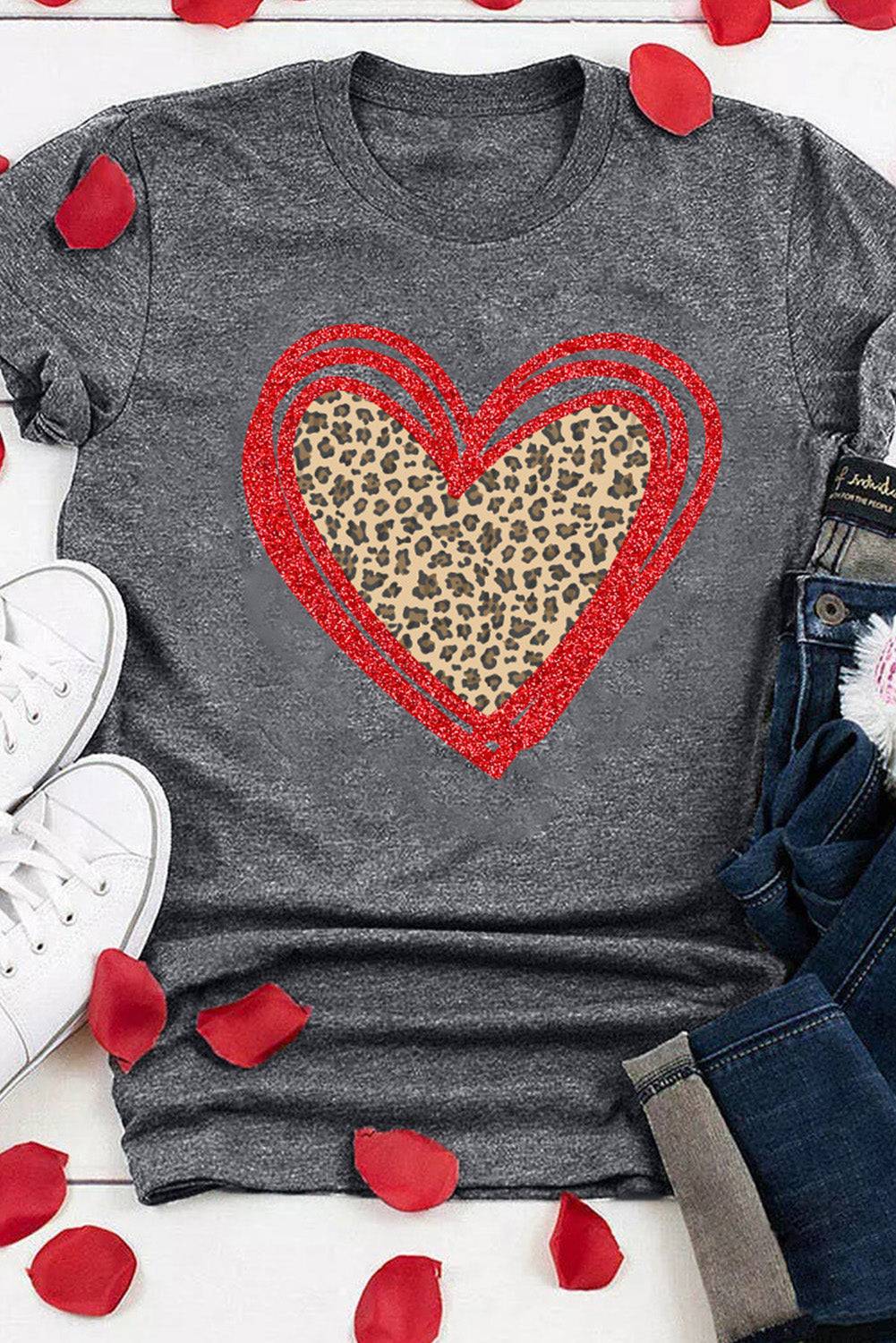 Gray Sequin Leopard Heart Graphic T-shirt Graphic Tees JT's Designer Fashion