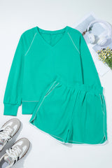 Dark Green Colorblock Trim V Neck Pullover Top and Shorts Set Short Sets JT's Designer Fashion