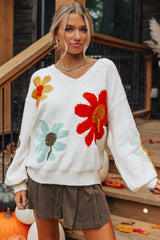 White Big Flower Pattern V Neck Drop Shoulder Sweater Sweaters JT's Designer Fashion