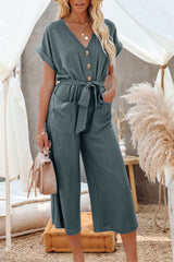 Blue Dolman Button Belted V Neck Wide Leg Pocketed Jumpsuit Jumpsuits & Rompers JT's Designer Fashion