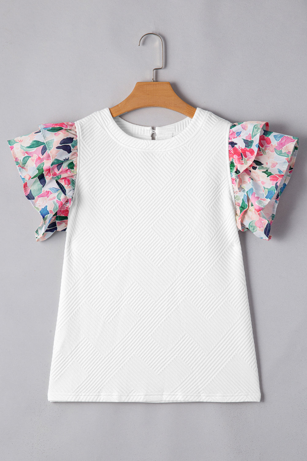 White Abstract Print Tiered Ruffled Sleeve Textured Knit Top Blouses & Shirts JT's Designer Fashion