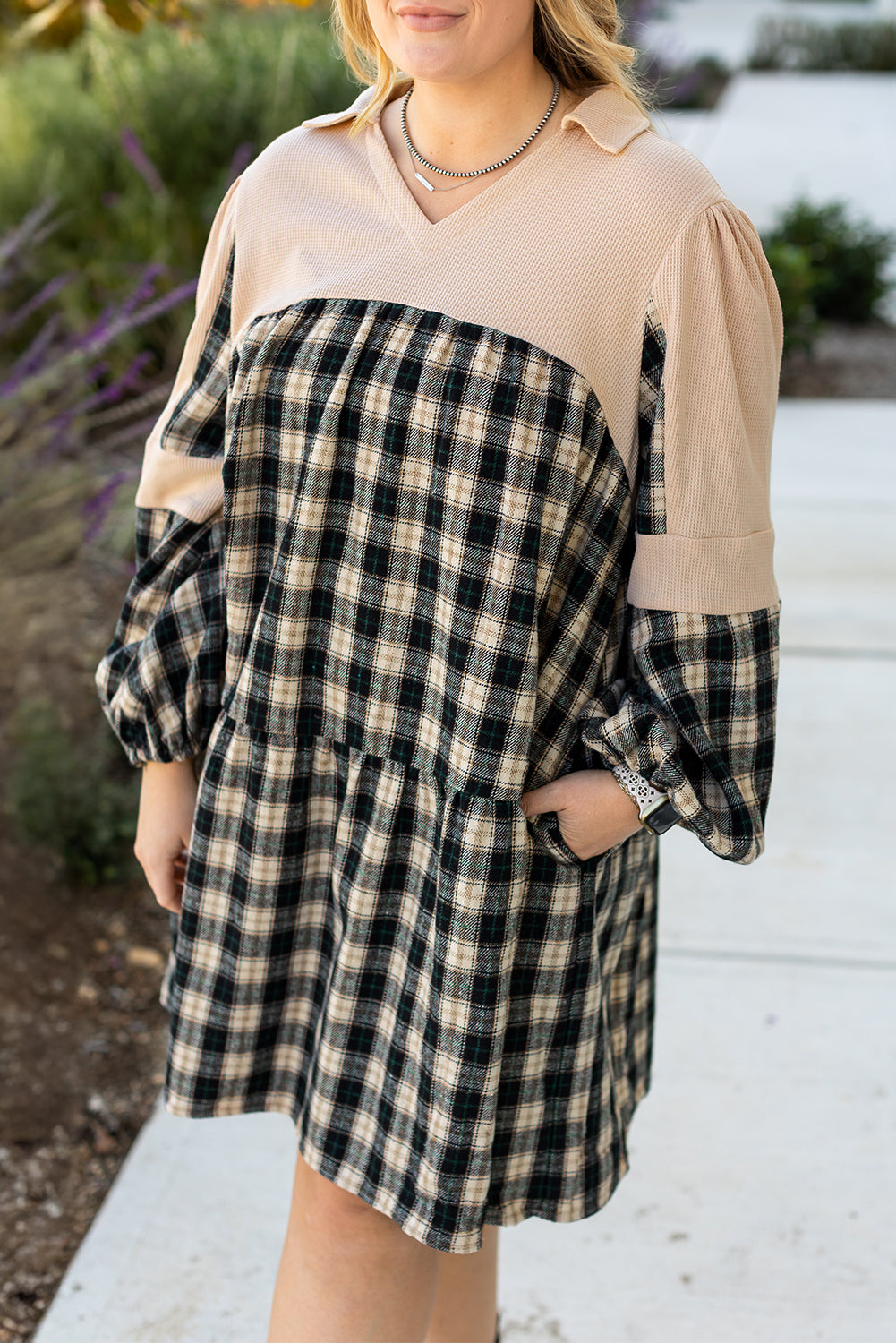 Black Plaid Waffle Knit Patchwork Collared V Neck Plus Size Mini Dress Plus Size Mini Dresses JT's Designer Fashion