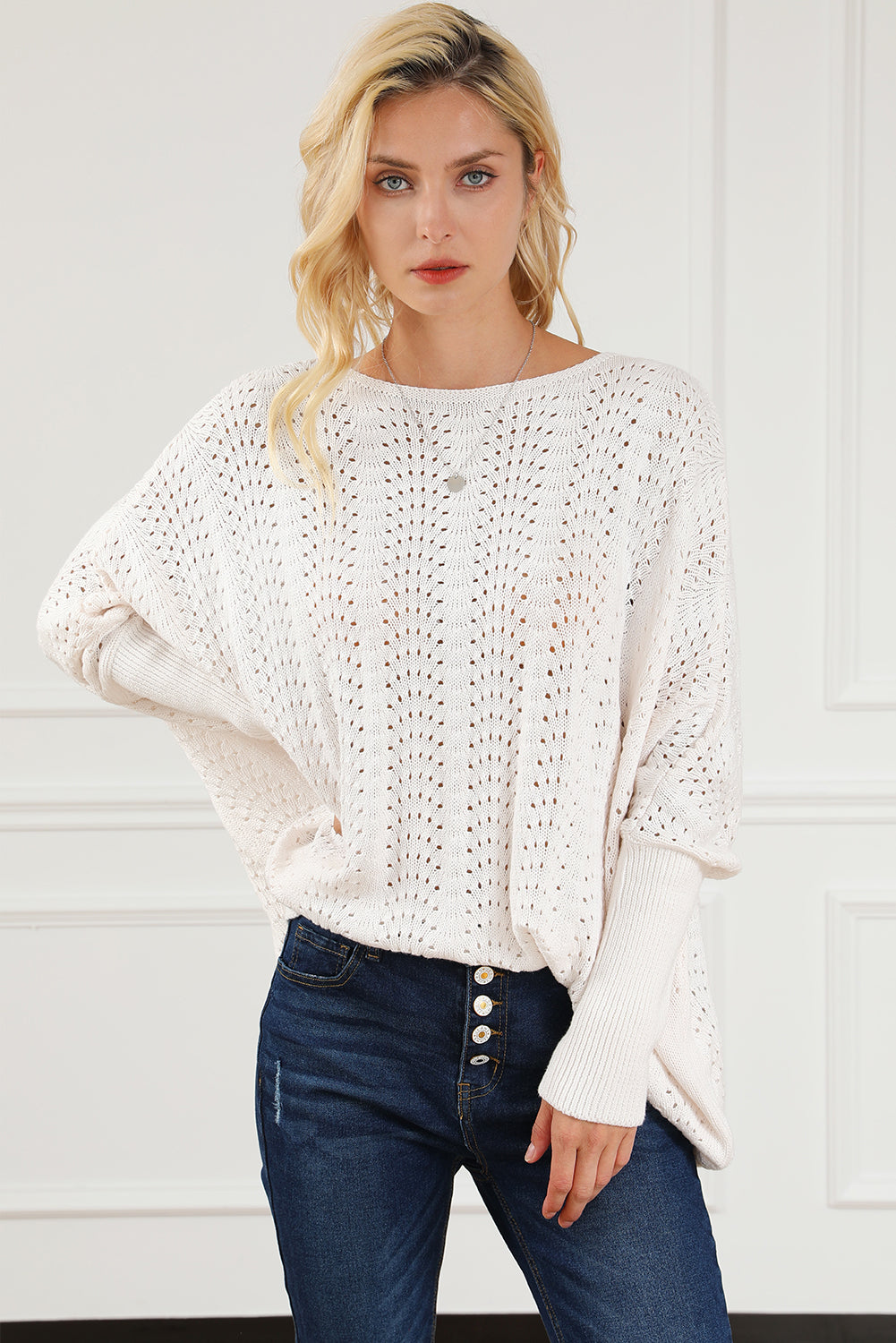 Beige Ribbed Hollow Knit Dolman Sleeve Sweater Sweaters & Cardigans JT's Designer Fashion