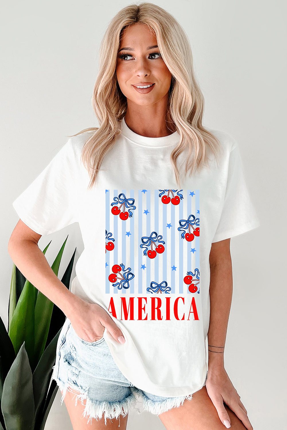 White Bow Cherry AMERICA Graphic Crewneck Patriotic T Shirt Graphic Tees JT's Designer Fashion