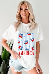White Bow Cherry AMERICA Graphic Crewneck Patriotic T Shirt Graphic Tees JT's Designer Fashion