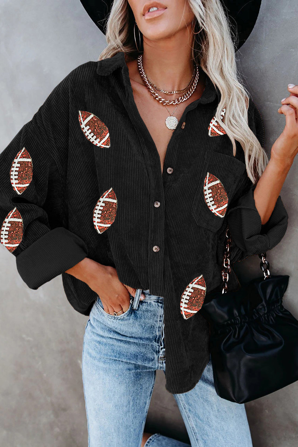 Black Sequin Rugby Pattern Buttoned Corduroy Shacket Jackets JT's Designer Fashion