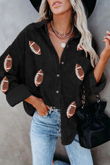 Black Sequin Rugby Pattern Buttoned Corduroy Shacket Jackets JT's Designer Fashion