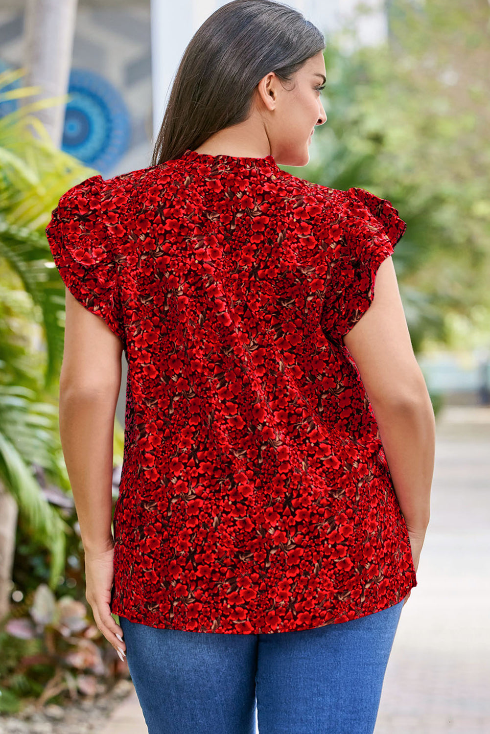 Fiery Red Rose Floral Print Ruffle Sleeve Plus Size Shift Top Plus Size Blouses & Shirts JT's Designer Fashion