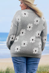 Gray Plus Size Embroidered Floral Pattern Half Zip Sweater Plus Size Sweaters & Cardigans JT's Designer Fashion