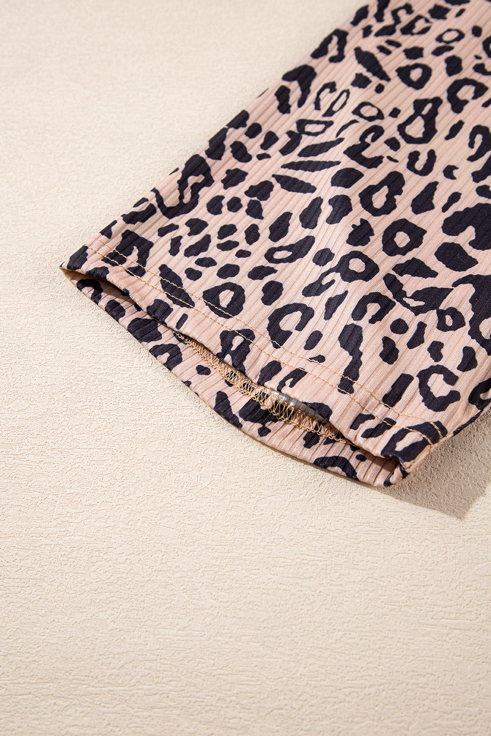 Khaki Leopard Print Ribbed Textured Knit Biker Shorts Casual Shorts JT's Designer Fashion