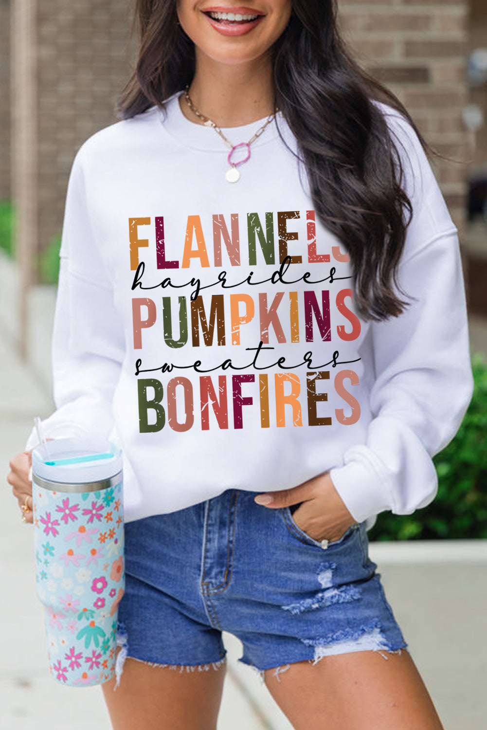 Beige FLANNELS PUMPKINS BONFIRES Graphic Drop Shoulder Sweatshirt Beige 50%Polyester+50%Cotton Graphic Sweatshirts JT's Designer Fashion