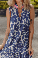 Blue Floral Sleeveless Colorblock Notched V Neck Mini Dress Mini Dresses JT's Designer Fashion