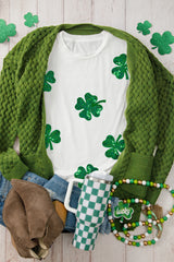 White Sequin Lucky Clover Graphic Crewneck Tee Graphic Tees JT's Designer Fashion