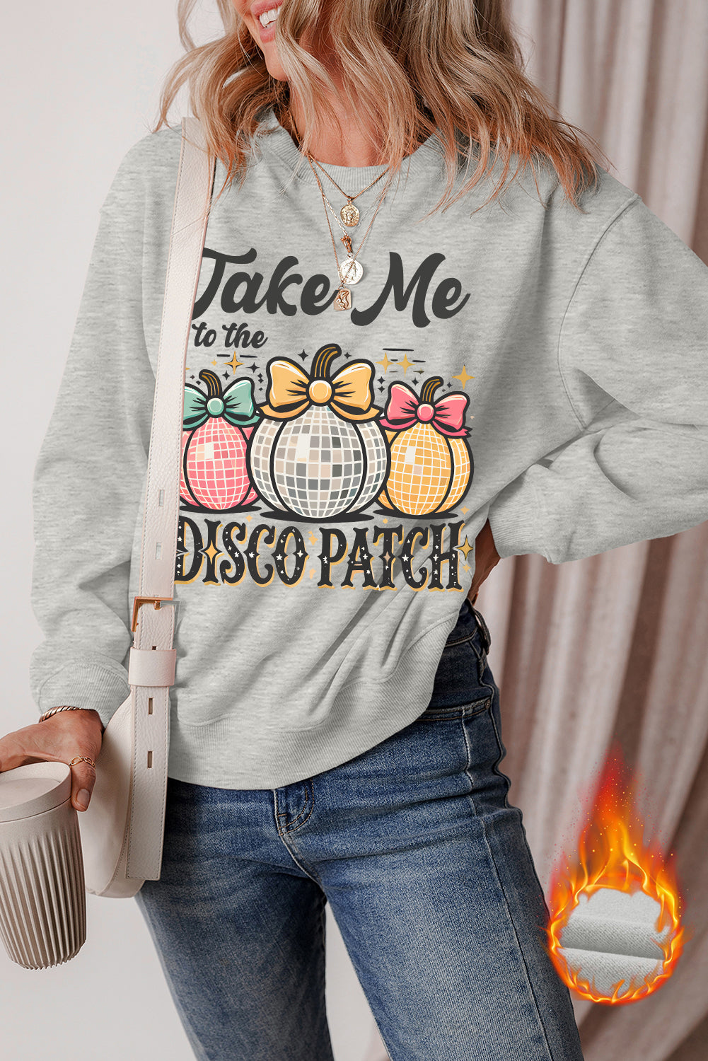 Gray Disco Ball Bowknot Pumpkin Graphic Crewneck Sweatshirt Graphic Sweatshirts JT's Designer Fashion