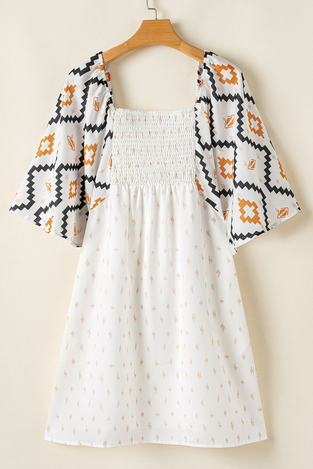 Beige Western Aztec Print Pleated Square Neck Loose Mini Dress Mini Dresses JT's Designer Fashion