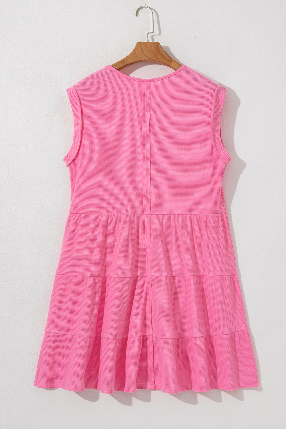 Bright Pink Waffle Textured Button Round Neck A-line Tiered Sleeveless Dress Mini Dresses JT's Designer Fashion