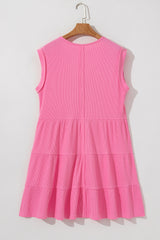 Bright Pink Waffle Textured Button Round Neck A-line Tiered Sleeveless Dress Mini Dresses JT's Designer Fashion