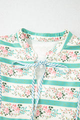 Multicolour Striped Floral Print Tie Split Neck Puff Sleeve Midi Dress Floral Dresses JT's Designer Fashion